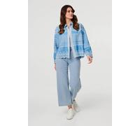 Izabel London Embroidered Lace Trim Long Sleeve Shirt - M/L - Blue