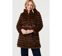 Izabel London Women's Faux Fur Striped Tie Waist Longline Coat in Brown | Size: 16