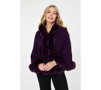 Izabel London Faux Fur Trim Batwing Poncho - Purple - One