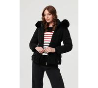Izabel London Women's Faux Fur Trim Hooded Zip-Up Jacket in Black | Size: Large Izabel London Black L