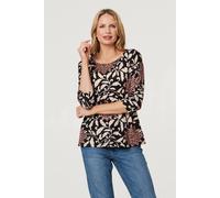 Izabel London Women's Floral 3/4 Sleeve Boat Neck Top in Black | Size: 8 Izabel London Black 8