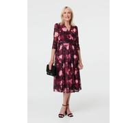 Izabel London Women's Floral 3/4 Sleeve Pleat Wrap Midi Dress in Pink | Size: 14