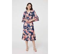 Izabel London Floral 3/4 Sleeve Ruffled Midi Dress - Navy - 12
