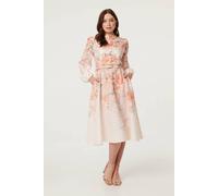 Izabel London Women's Floral Belted High Neck Midi Dress in Pink | Size: 12