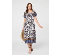 Izabel London Women's Floral Border Puff Sleeve Midi Dress in Navy | Size: 8