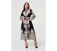 Izabel London Women's Floral Border Tie Waist Midi Dress in Black | Size: 14
