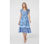 Izabel London Floral Cap Sleeve Lace Trim Midi Dress - Blue - 18