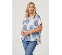 Izabel London Floral Cap Sleeve Relaxed Blouse for Women UK with a Round Neck and a Hip Length Hem. Blue