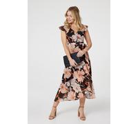 Izabel London Women's Floral Frill Asymmetric Wrap Midi Dress in Black | Size: 10 Izabel London Black 10