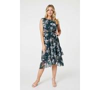 Izabel London Floral Frill Shirred Midi Dress - Green - 14