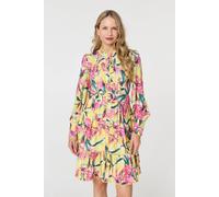Izabel London Floral High Neck Long Sleeve Short Dress for Women UK with a Belt Detail, Pleats and a Tiered Hem. Yellow