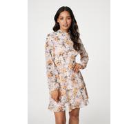 Izabel London Floral High Neck Short Dress for Women UK with a high Neck, Long Sleeves and a Short Skater Skirt. Pink