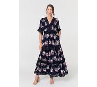 Izabel London Floral Lace Tiered 3/4 Sleeve Maxi Dress - Navy - 10