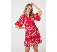Izabel London Floral Lace Trim 1/2 Sleeve Mini Dress - Red - 10