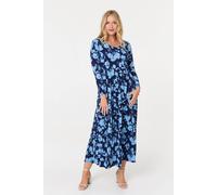 Izabel London Floral Long Sleeve Jersey Maxi Dress for Women UK with Round Scoop Neck and a-line Skirt. Blue