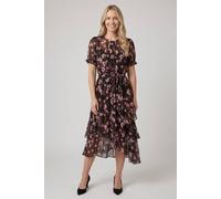 Izabel London Women's Floral Mesh Layer Asymmetric Midi Dress in Black | Size: 16