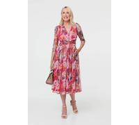 Izabel London Women's Floral Mesh Layered Pleated Midi Dress in Pink | Size: 10
