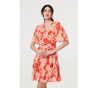 Izabel London Floral Pleated 1/2 Angel Sleeve Mini Dress for Women UK with a tie Waist and a Faux wrap Shape. Orange