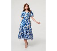 Izabel London Women's Floral Puff Sleeve Tiered Midi Dress in Blue | Size: 16