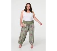 Izabel London Women's Floral Ruched Waist Harem Trousers in Khaki | Size: 8 Izabel London Khaki 8