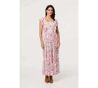 Izabel London Floral Ruffled Cap Sleeve Maxi Dress - 12 - Pink