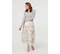 Izabel London Floral Semi Sheer Mesh Ruffled Midi Skirt - Cream - 8/10