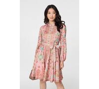 Izabel London Women's Floral Tie Waist Knee Length Dress in Dusty Pink | Size: 14