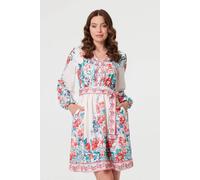 Izabel London Floral Tie Waist Long Sleeve Short Dress for Women UK with a v-Neck and a Skater Shape. Red