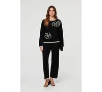 Izabel London Women's Floral Trim Jumper & Trousers Co-Ord Set in Black | Size: Medium Izabel London Black M
