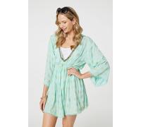 Izabel London Foiled Leaf Print Short Beach Dress - Green - 16