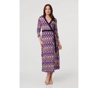 Izabel London Geo Print 3/4 Sleeve Wrap Midi Dress - 14 - Purple