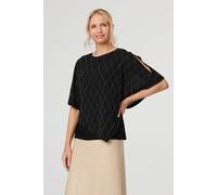Izabel London Geo Print Cut-Out 1/2 Sleeve Blouse for Women UK with a Round Neck and a Hip Length Layered Hem. Black
