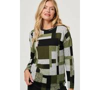 Izabel London Women's Geo Print Long Sleeve Relaxed Top in Green | Size: 10