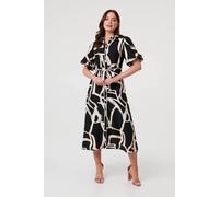 Izabel London Women's Geo Print Puff Sleeve Tie Midi Dress in Black | Size: 14