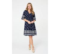 Izabel London Border Print V-Neck Knee Length Dress for Women UK with Flared 1/2 Sleeves and a Shirred Waist. Navy