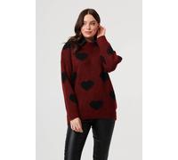 Izabel London Women's Heart Print Denim Trim Collar Jumper in Burgundy | Size: S/M Izabel London Burgundy S/M
