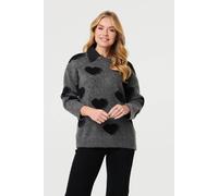 Izabel London Heart Print Denim Trim Collar Jumper - Grey - M/L