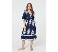Izabel London Ikat Print 1/2 Flared Sleeve Midi Dress - Navy - 8