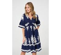 Izabel London Ikat Print 1/2 Sleeve Relaxed Short Dress - Navy - 8