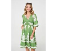 Izabel London Ikat Print 1/2 Sleeve Relaxed Short Dress - Green - 10