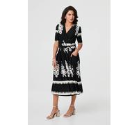 Izabel London Ikat Print 1/2 Sleeve Wrap Midi Dress - Black - 20