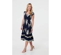Izabel London Women's Ikat Print Cap Sleeve Shirred Midi Dress in Blue | Size: 12 Izabel London Blue 12