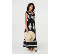 Izabel London Ikat Print Ruched Cap Sleeve Maxi Dress - Black - 10
