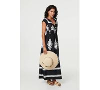 Izabel London Ikat Print Ruched Cap Sleeve Maxi Dress - Black - 16