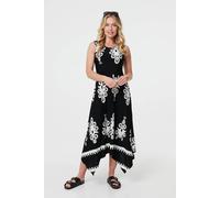 Ikat Print Sleeveless A-Line Midi Dress Izabel London Black 10