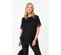 Izabel London Women's Lace Trim Asymmetric 1/2 Sleeve Top in Black | Size: Medium/Large