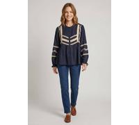 Izabel London Women's Lace Trim Long Sleeve Pleated Blouse in Navy | Size: Large