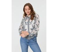 Izabel London Women's Leaf Embroidered Semi Sheer Lace Shirt in Grey | Size: Medium/Large