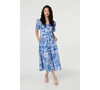 Izabel London Women's Leaf Print 1/2 Sleeve Tiered Midi Dress in Blue | Size: 16 Izabel London Blue 16
