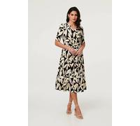Izabel London Women's Leaf Print 1/2 Sleeve Wrap Midi Dress in Black | Size: 18 Izabel London Black 18